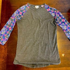 XS Lula Roe Randy baseball Tee. Gray with multi-color sleeves.